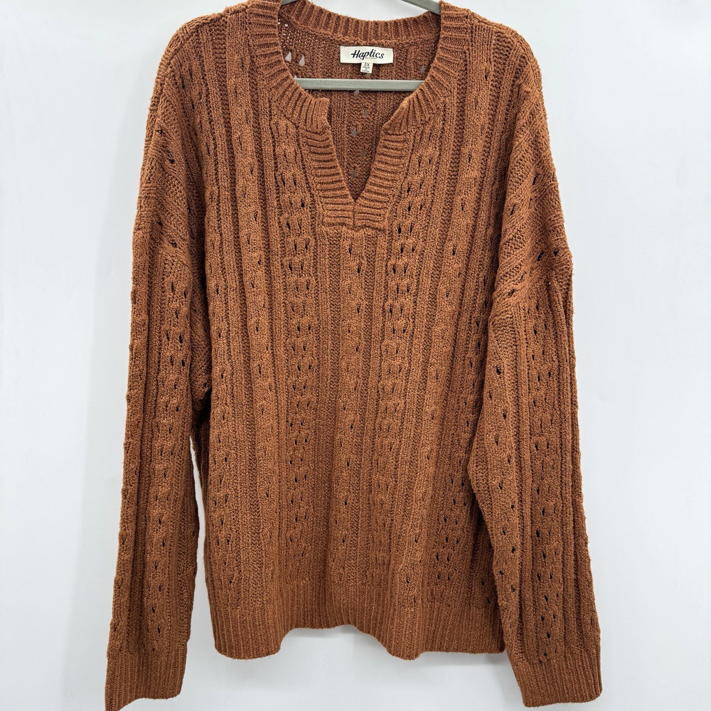 Haptics by Holly Harper Chunky Cable Knit Sweater Sz 3X Rust Brown Boho Cottage